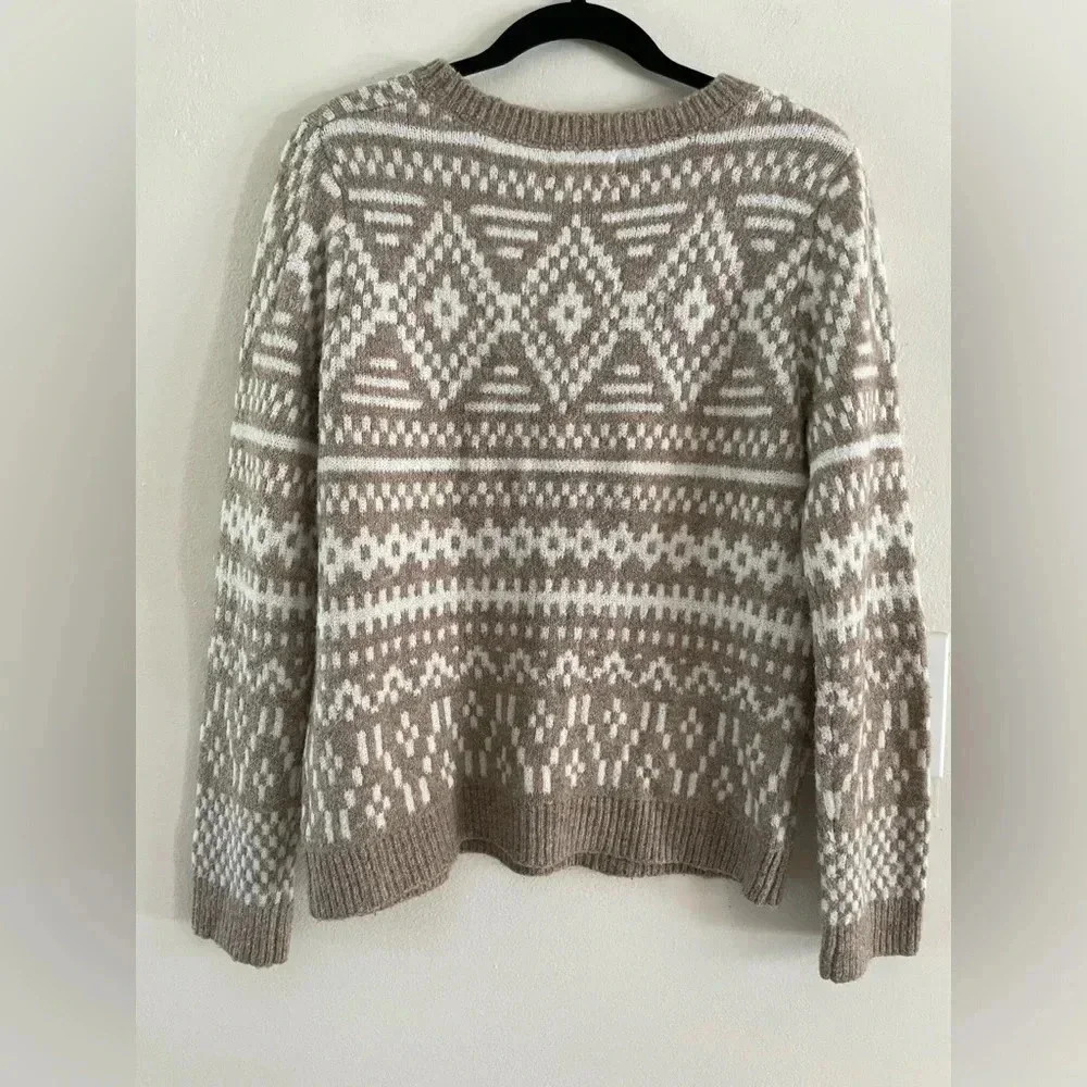 Cupcakes & Cashmere Fair Isle Style Oatmeal Beige White Knit Sweater Womens Med - Picture 2 of 5